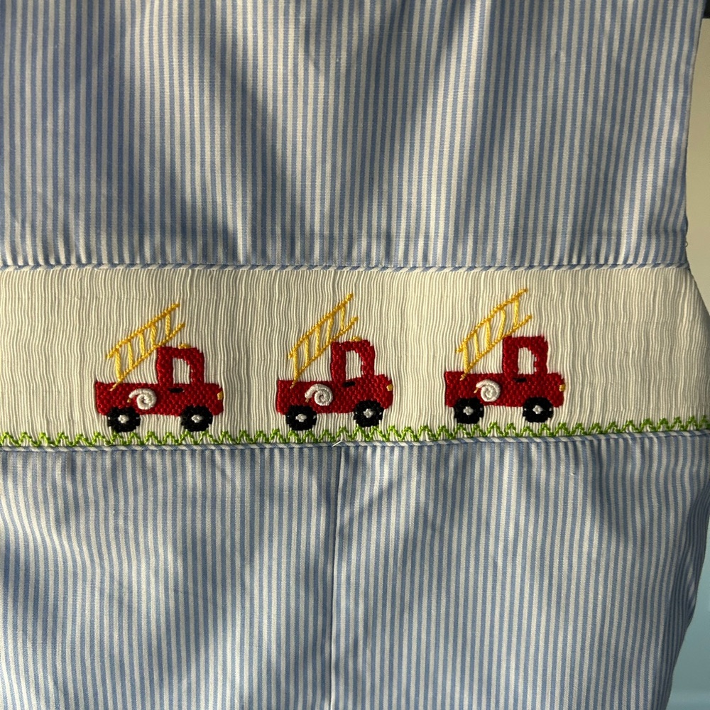 Blue Striped Smocked Panel with Red Fire Truck Embroidery 2T NWT